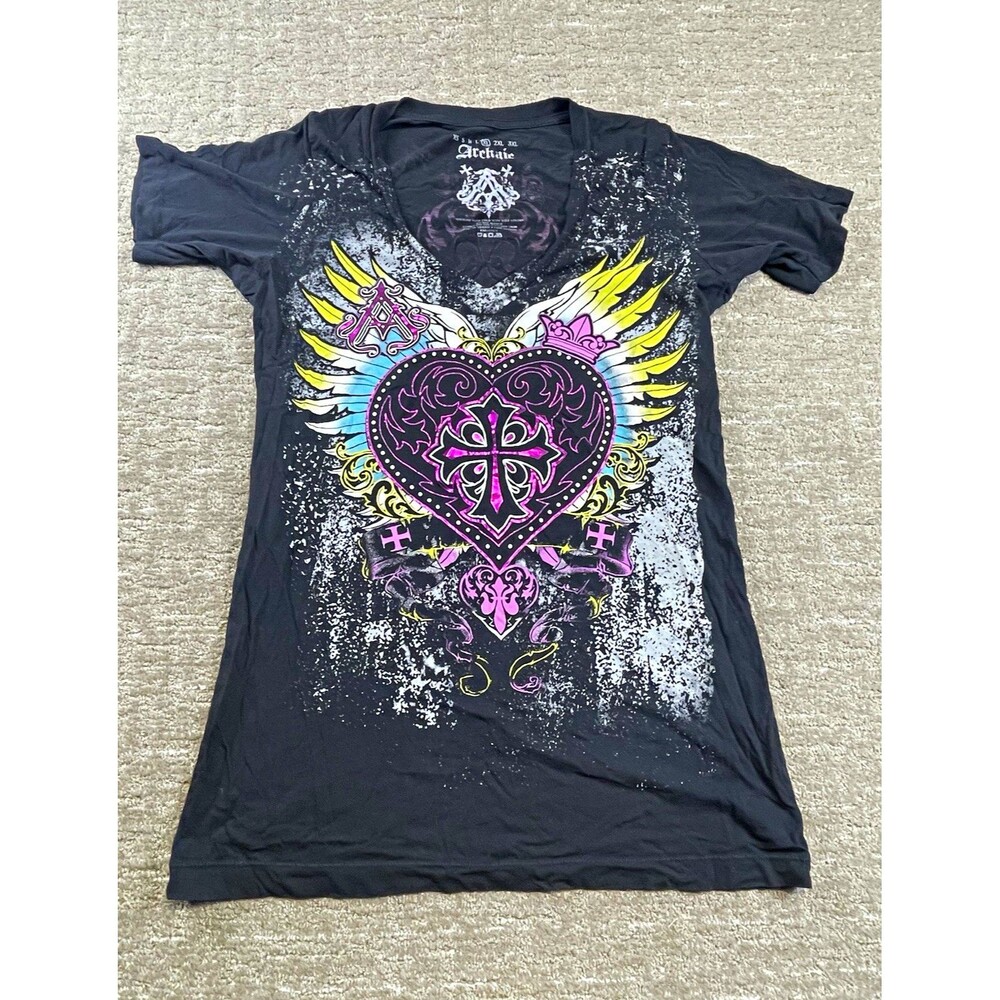 Archaic affliction women’s Black V-Neck Graphic Print T-Shirt Size XL Tee